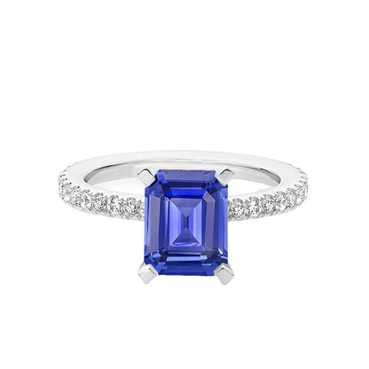 High Quality Fancy Sparkling  Blue Sapphire Solitaire Emerald Ring With Accents