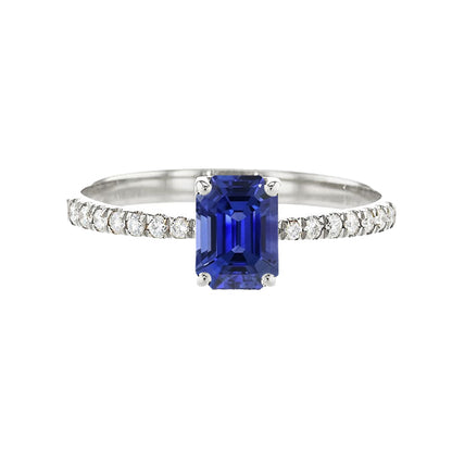 High Quality Fancy Sparkling  Emerald Solitaire Blue Sapphire Ring & Pave Set Diamonds