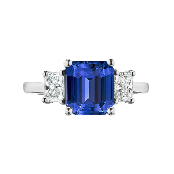 High Quality Fancy Sparkling  Three Stone Princess Diamond & Emerald Blue Sapphire Ring