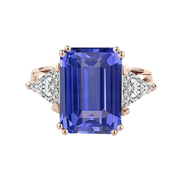High Quality Fancy Sparkling  Rose Gold 3 Stone Anniversary Ring Blue Sapphire Diamonds