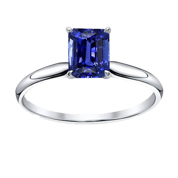 White Gold Solitaire Emerald Natural Blue Sapphire Ring High Quality Fancy Sparkling  