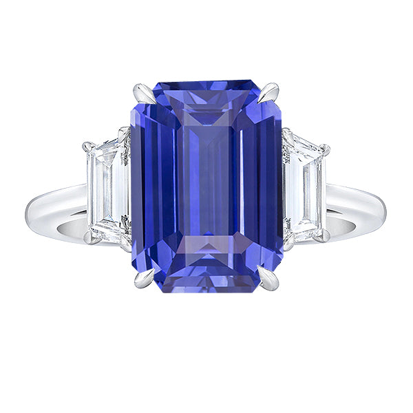 Women 3 Stone Wedding Ring Emerald Blue Sapphire & Diamonds