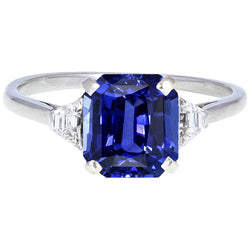 3 Stone Blue Sapphire Ring Emerald & Trapezoid Natural Earth Mined Diamonds 3.50 Carats