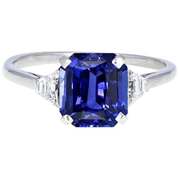 3 Stone Blue Sapphire Ring Emerald & Trapezoid Diamonds 3.50 Carats