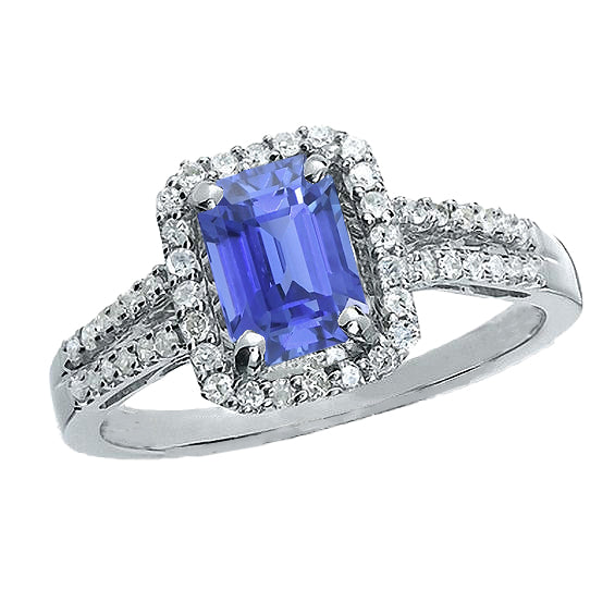Brilliant Sparkling  Double Shank Emerald Halo Engagement Ring Blue Sapphire