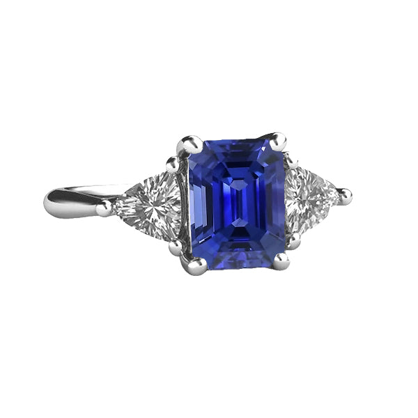 3 Stone Ring Womans Quality Unique  Blue Sapphire Emerald & Trillion Diamonds