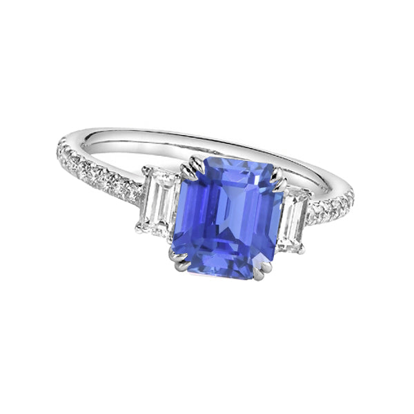 Womans Quality Unique 3 Stone Emerald SriLankan Sapphire Ring & Pave Set Diamonds 