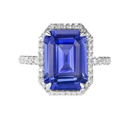 Blue Sapphire Halo Emerald Cut Ring 5.50 Carats Natural Earth Mined Diamonds Jewelry