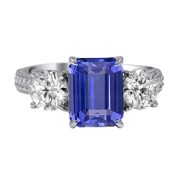 womans Weeding anniversary Three Stone Ring Antique Style Emerald Ceylon Sapphire