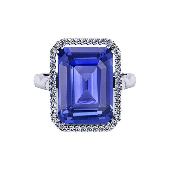  White Gold Fancy Lady’s Halo Engagement Ring Emerald Blue Sapphire