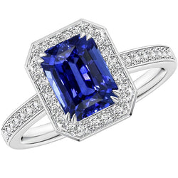 Gemstone Halo Emerald Blue Sapphire Ring Prong Set Natural Earth Mined Diamonds 5 Carats