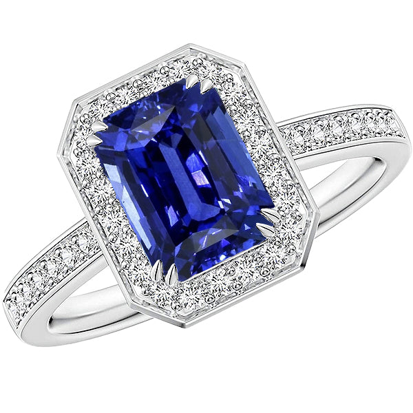 Gemstone Halo Emerald Blue Sapphire Ring Prong Set Diamonds Princess Cut Style   