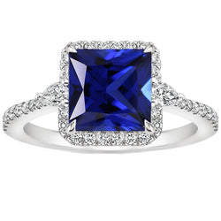 Halo Blue Sapphire Ring 6 Carats Princess Cut With Diamond Accents
