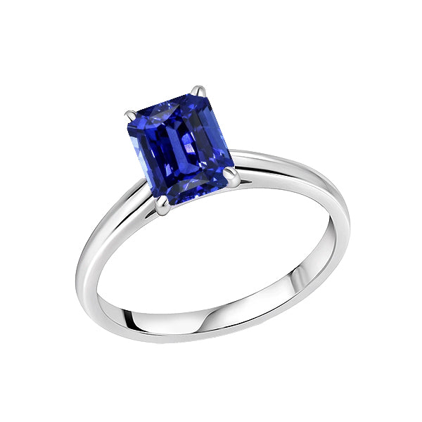 Solitaire Emerald Ceylon Sapphire Ring 14K White Gold Womans Quality Unique 