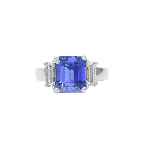 White Gold  fancy  3 Stone Light Blue Sapphire Emerald Cut Ring