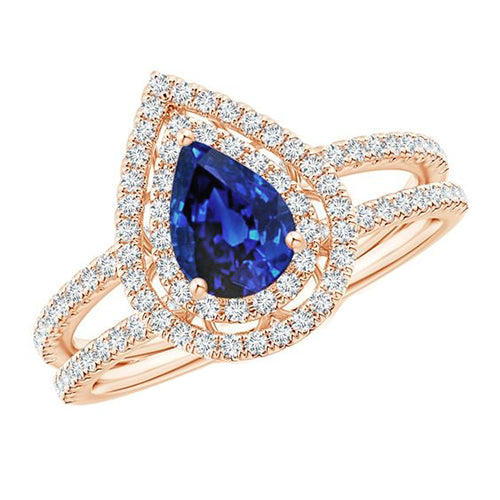Diamond Anniversary  Engagement Ring Double Halo Pear Blue Sapphire