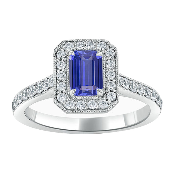 Halo Ring Emerald Sapphire & Diamonds  Anniversary  White Gold Milgrain