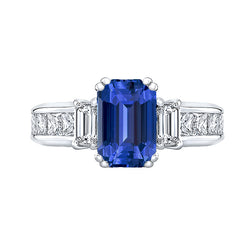 Blue Sapphire 3 Stone Emerald Cut Ring & Princess Natural Earth Mined Diamonds 4 Carats