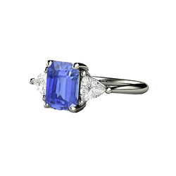 Three Stone Blue Sapphire Emerald & Trillion Natural Earth Mined Diamond Ring 2.50 Carats