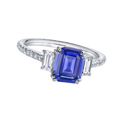 Emerald Three Stone Blue Sapphire Ring & Pave Set Natural Earth Mined Diamonds 3 Carats