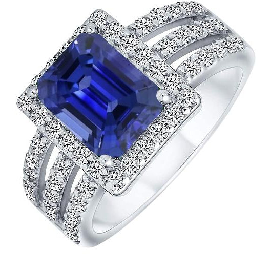 Ladies Brilliant Sparkling  Emerald Halo Srilanka Sapphire Ring Triple Shank Diamonds