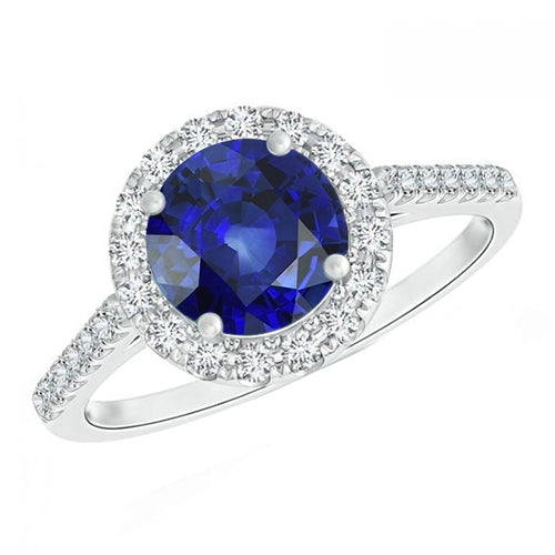 Ladies FAncy Round Diamond Women's Engagement Ring Halo Ceylon Sapphire