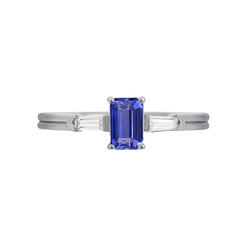  Lady’s Brilliant Engagement  Blue Sapphire 3 Stone Emerald Ring With Baguette Diamonds