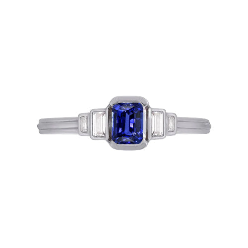 Female new Anniversary Gemstone Emerald Blue Sapphire Ring 5 Stone Baguette Diamonds  