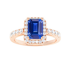 Emerald & Round Natural Earth Mined Diamond Halo Ring Blue Sapphire 3.50 Carats Rose Gold