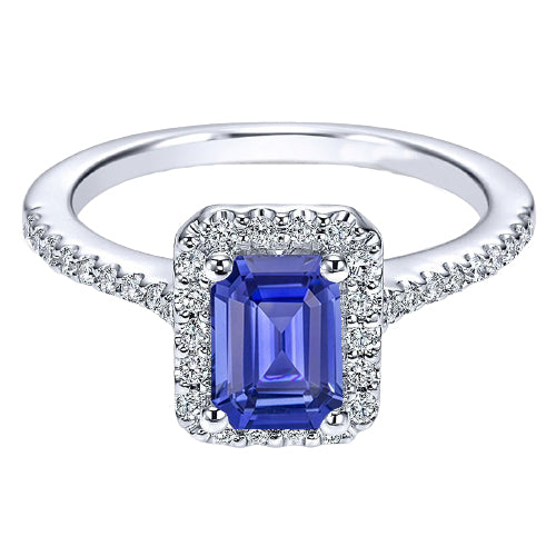 Anniversary   Fancy Princess Cut Style  Emerald Halo Blue Sapphire & Diamonds Ring