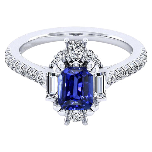 Gemstone Ring Emerald Sapphire Baguette & Pave Set Diamond  Fancy Princess Cut Style  