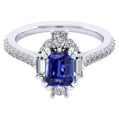 Gemstone Ring Emerald Sapphire Baguette & Pave Set Diamond  Fancy Princess Cut Style  
