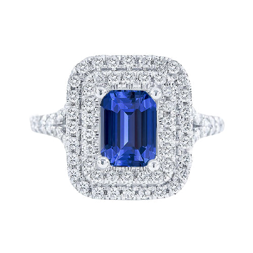 Double Halo Ring Emerald   Fancy Princess Cut Style  Shaped Natural Blue Sapphire