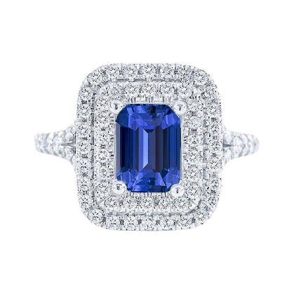 Double Halo Ring Emerald   Fancy Princess Cut Style  Shaped Natural Blue Sapphire