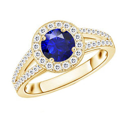 Antique Style Natural Earth Mined Diamond Halo Ring 3 Carats Round Blue Sapphire Jewelry