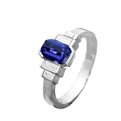 Baguette  Sparkling Unique Lady’s   Diamond & Radiant Cut Blue Sapphire Ring Bar