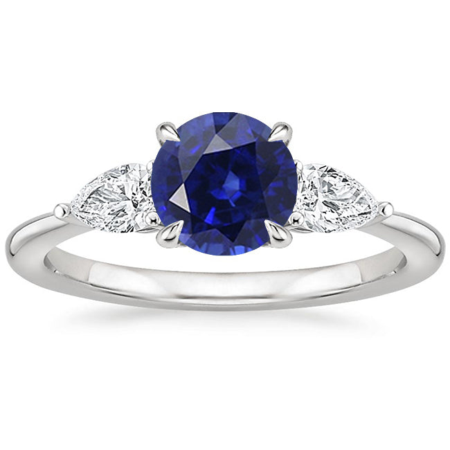 Pear Diamond  Sparkling Unique Lady’s   3 Stone Ring Round Cut Blue Sapphire Jewelry