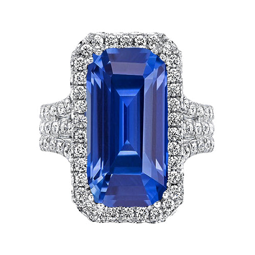 Gold Halo  Sparkling Unique Lady’s  Diamond Emerald Cut Ceylon Sapphire Gemstone Ring 