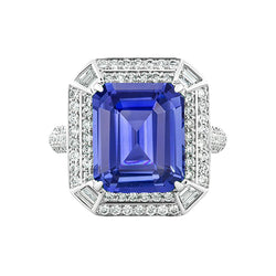 Emerald Shaped Natural Earth Mined Diamond Blue Sapphire Ring 4.50 Carats Pave Set Accents