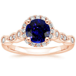 Womens Ring Round Blue Sapphire & Natural Earth Mined Diamonds 4 Carats Milgrain Rose Gold
