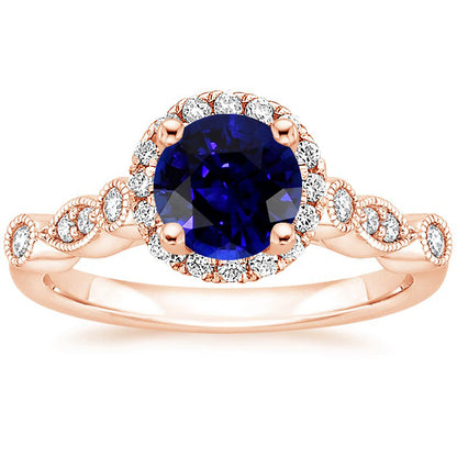 Womens Ring Round Blue Sapphire & Natural Earth Mined Diamonds 4 Carats Milgrain Rose Gold