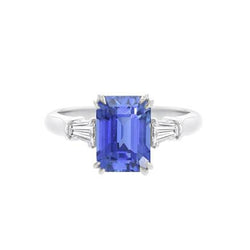 Baguette Natural Earth Mined Diamond 3 Stone Emerald Cut Blue Sapphire Ring 2.25 Carats