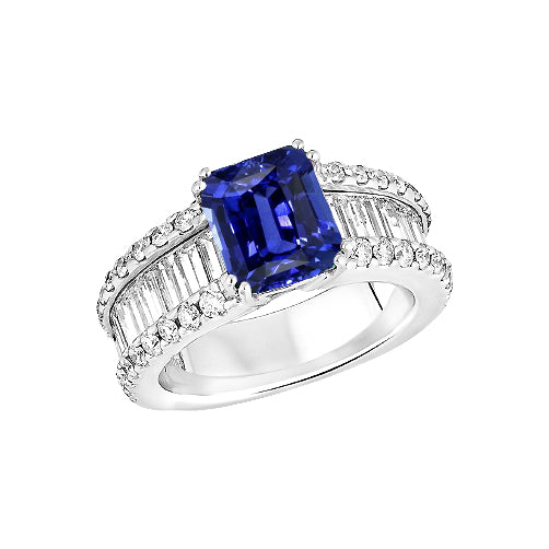 Diamond Ring Blue Emerald Sapphire Woman's  Weeding  Channel Set Baguettes