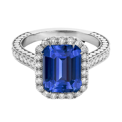 Diamond Halo Emerald Blue Sapphire Ring Woman's  Weeding Prong Set Milgrain