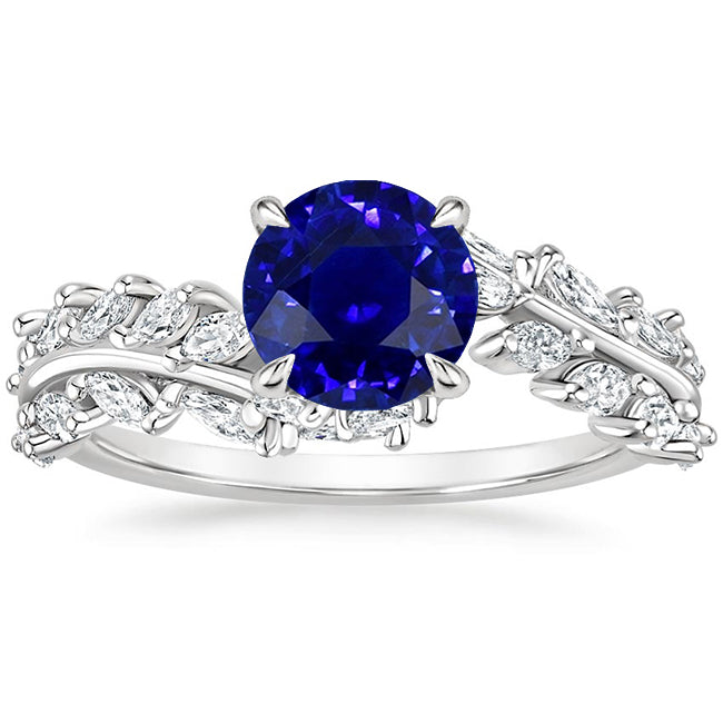 Marquise Diamond Woman's  Weeding & Round Ceylon Sapphire Ring Leaf Style