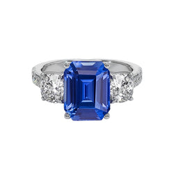 3 Stone Style Emerald Blue Sapphire Ring With Accents Gold 2.50 Carats