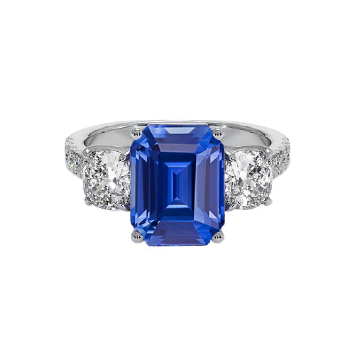 3 Stone Princess Cut  Elegant Woman's Style Emerald Blue Sapphire Ring With Accents Gold