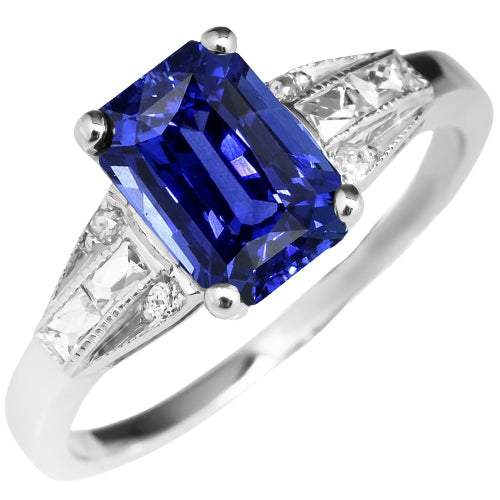 Blue Emerald Sapphire Ring Baguette & Round Diamond Princess Cut  Elegant Woman's 