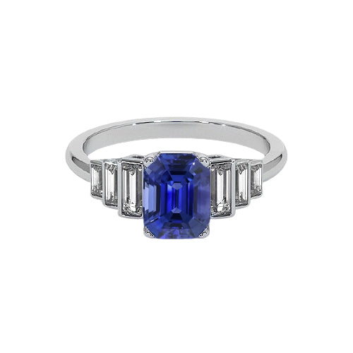 Princess Cut  Elegant Woman's Emerald Gemstone Ring Ceylon Sapphire & Baguette Diamonds
