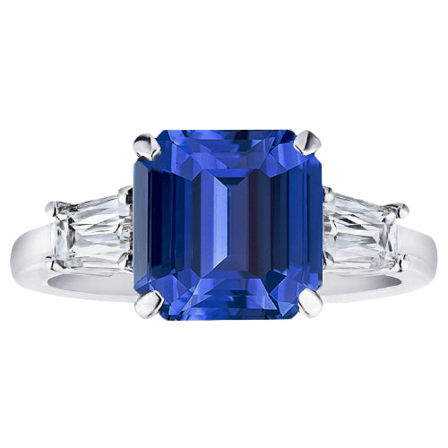Gold Anniversary Ring Princess Cut  Elegant Woman's  Emerald Cut Blue Sapphire & Baguettes  